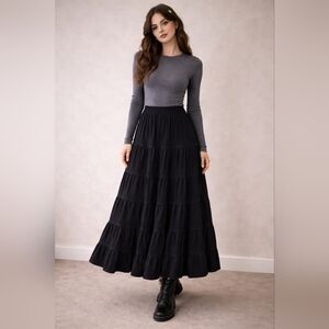 Sympli Whimsigoth Witchy Boho Black Tiered Maxi Skirt, Size 4